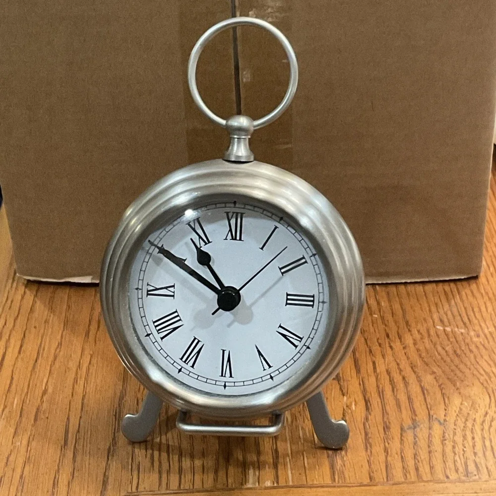 Pottery Barn Pocket Watch Clock with Easel Nickel Finish Round Working